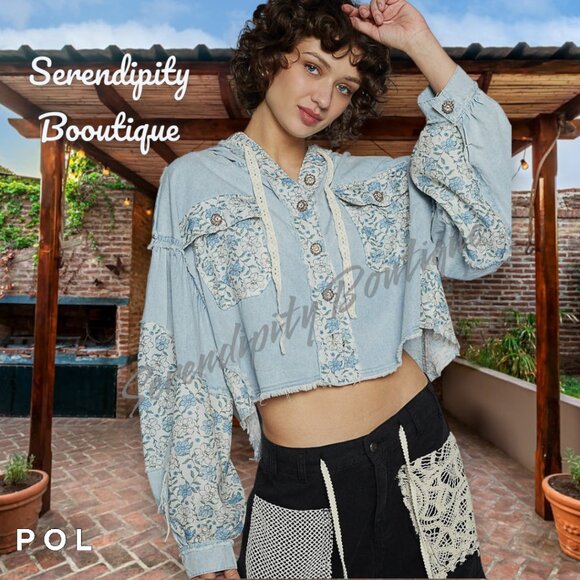 POL Perfect Hoodie Lightweight Denim Twill Button Up Baggy Drop Shoulder Jacket - Picture 8 of 11